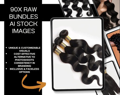 90 Raw Hair Bundles AI Stock Images, Hair Extension & Wig Business Product Photos, Social Media Marketing Content Pack, Digital Download