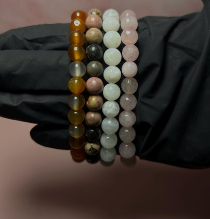 Divine Feminine Energy Bracelet Stack, Rose Quartz, Moonstone, Rhodonite, Carnelian Healing Crystal Set, Self Love & Confidence Gift