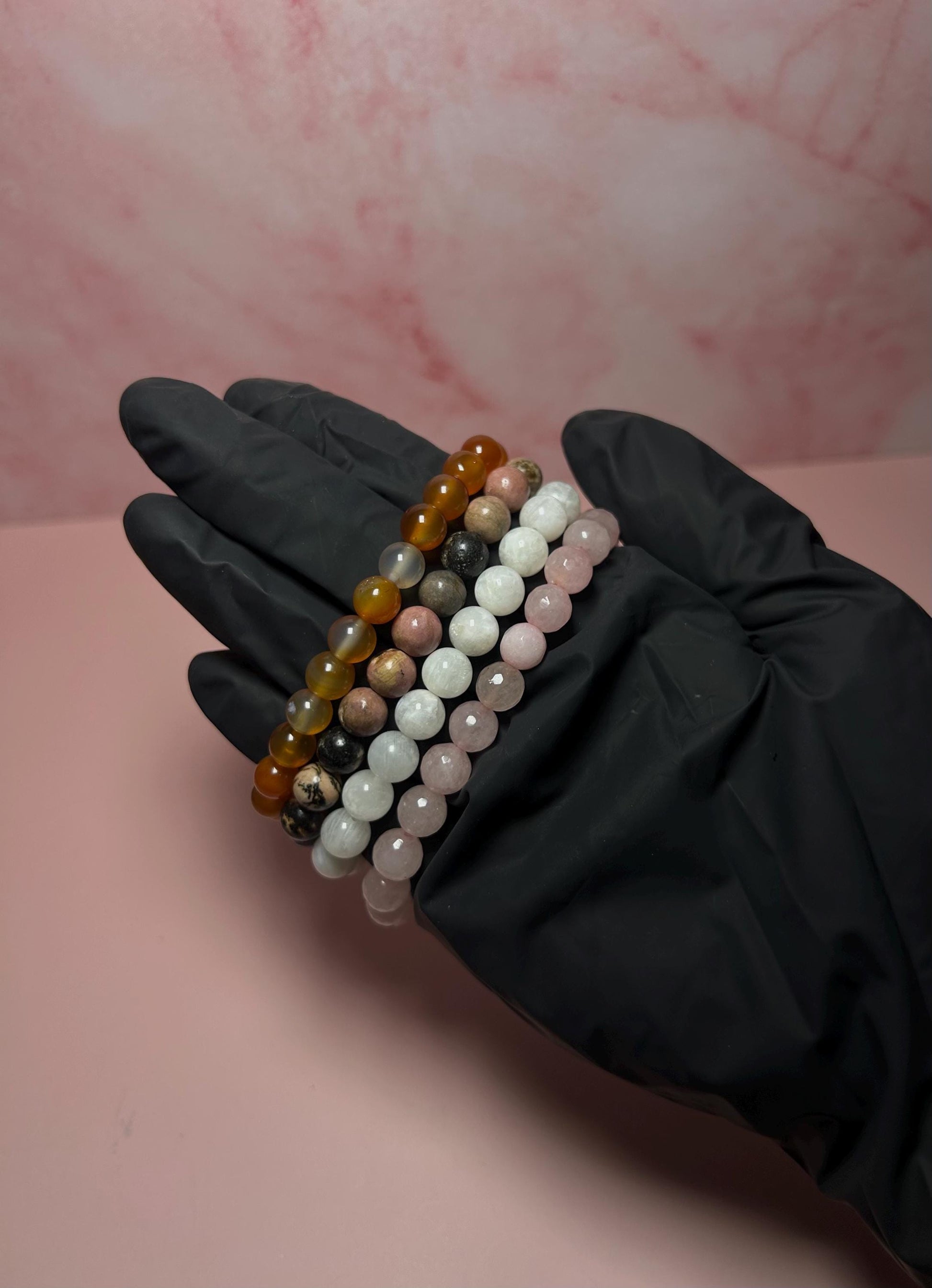 Divine Feminine Energy Bracelet Stack, Rose Quartz, Moonstone, Rhodonite, Carnelian Healing Crystal Set, Self Love & Confidence Gift
