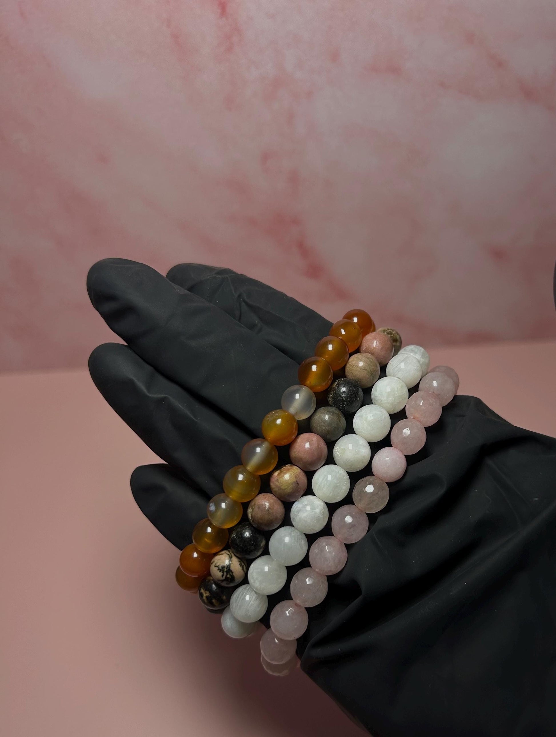 Divine Feminine Energy Bracelet Stack, Rose Quartz, Moonstone, Rhodonite, Carnelian Healing Crystal Set, Self Love & Confidence Gift