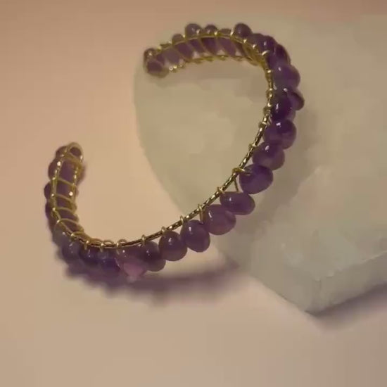 Amethyst Crystal Bangle Cuff,  Yellow Gold Wire Wrapped Bracelet, February Birthstone, Third Eye Chakra Jewelry, Spiritual Gift for Her