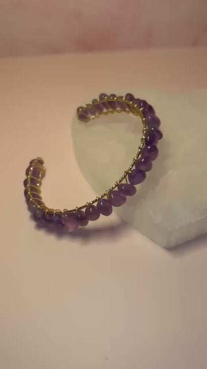 Amethyst Crystal Bangle Cuff,  Yellow Gold Wire Wrapped Bracelet, February Birthstone, Third Eye Chakra Jewelry, Spiritual Gift for Her