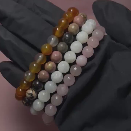 Divine Feminine Energy Bracelet Stack, Rose Quartz, Moonstone, Rhodonite, Carnelian Healing Crystal Set, Self Love & Confidence Gift