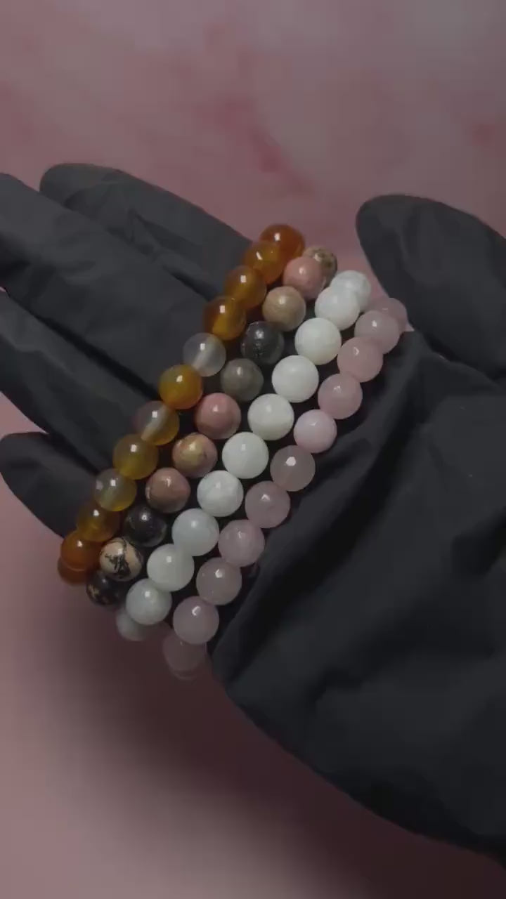 Divine Feminine Energy Bracelet Stack, Rose Quartz, Moonstone, Rhodonite, Carnelian Healing Crystal Set, Self Love & Confidence Gift