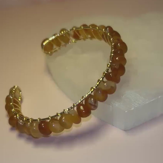 Carnelian Cuff Bangle, Wire Wrapped Yellow Gold Bracelet for Confidence & Creativity, Crystal Healing Jewelry