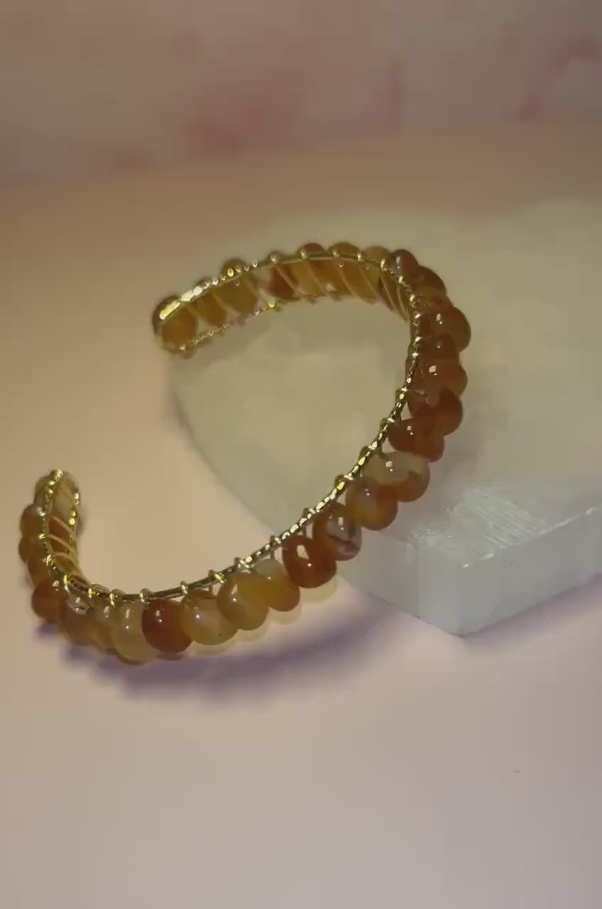 Carnelian Cuff Bangle, Wire Wrapped Yellow Gold Bracelet for Confidence & Creativity, Crystal Healing Jewelry