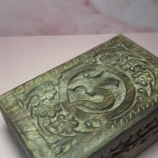 OM Carved Wooden Storage Box, Spiritual Keepsake Box, Boho Meditation Altar Box, Chakra Jewelry Holder, Yoga Decor Gift
