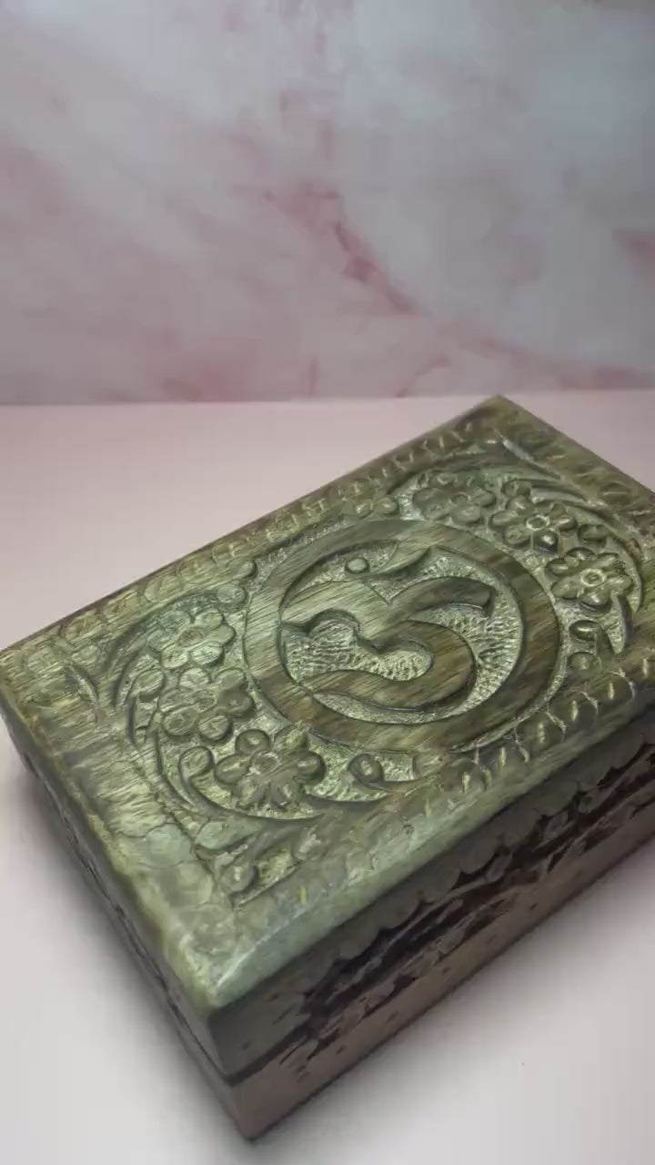 OM Carved Wooden Storage Box, Spiritual Keepsake Box, Boho Meditation Altar Box, Chakra Jewelry Holder, Yoga Decor Gift