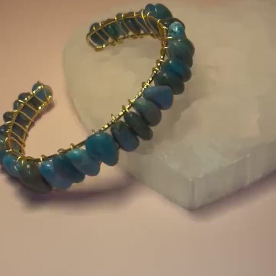 Blue Apatite Crystal Cuff , Yellow Gold Wire Wrapped Bangle Bracelet, Healing Crystal Jewelry , Spiritual Gift, Throat Chakra Stone