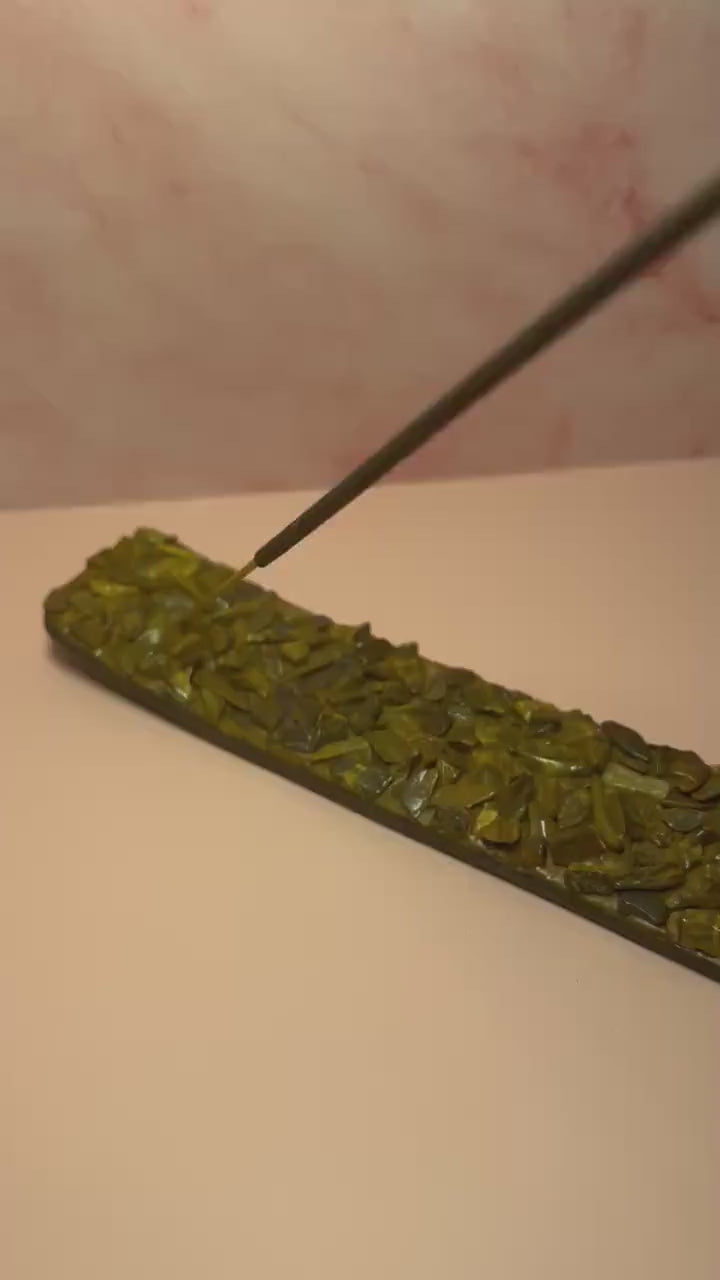 Tiger’s Eye Crystal Wooden Incense Burner, Spiritual Protection Smudge, Boho Altar Decor, Crystal Holder, Witchy Gift for Her